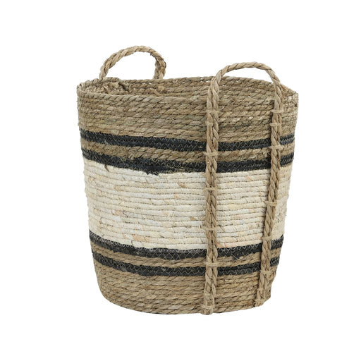 Natural white and black striped basket. Small with two handles and rope texture